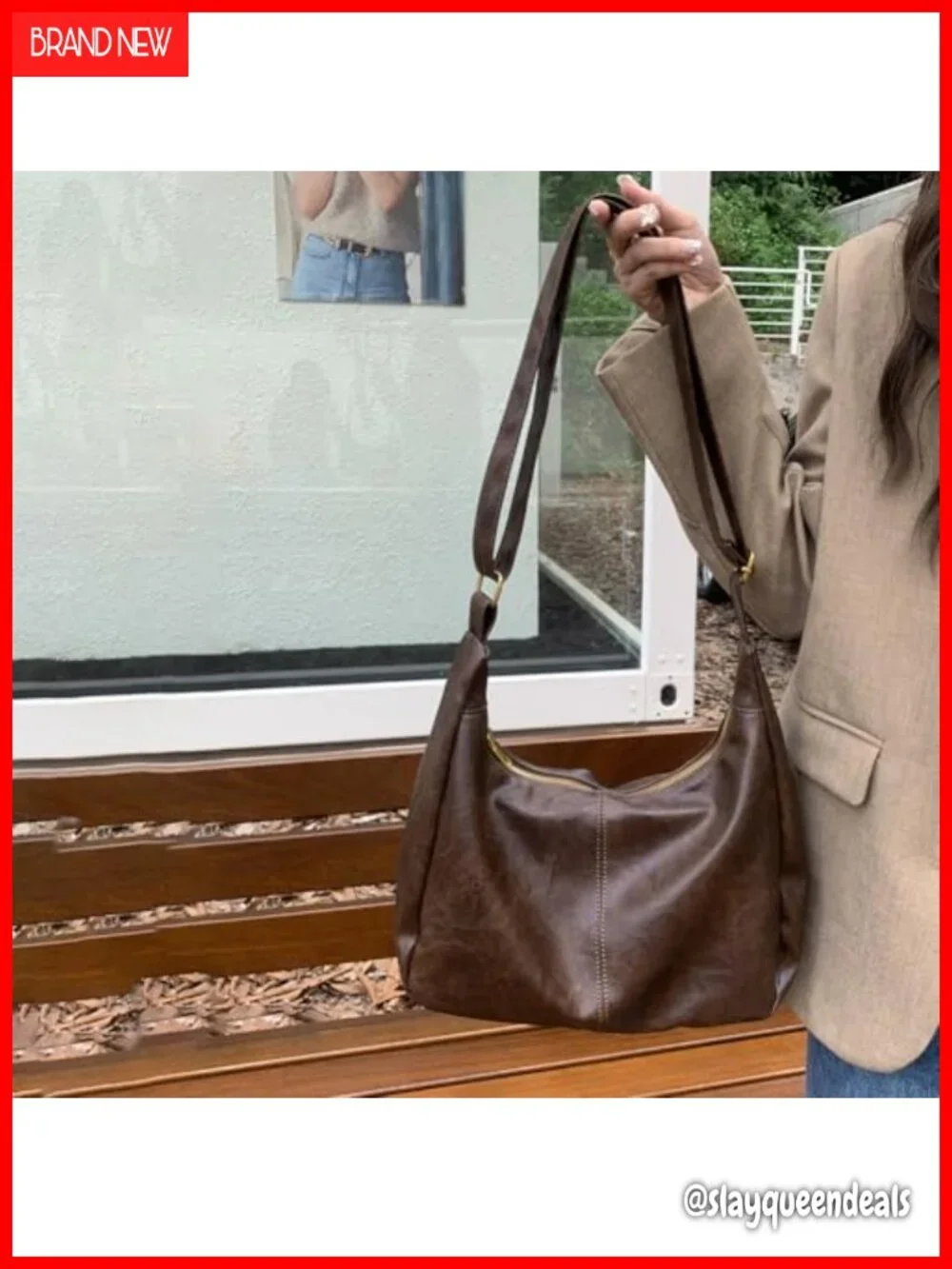 Slouchy Hobo Shoulder Bag PU Leather Crossbody Adjustable Strap Everyday Purse
